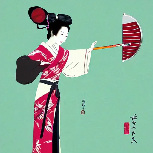 Image similar to beautiful japanese geisha wielding a fan as her blade, digital art