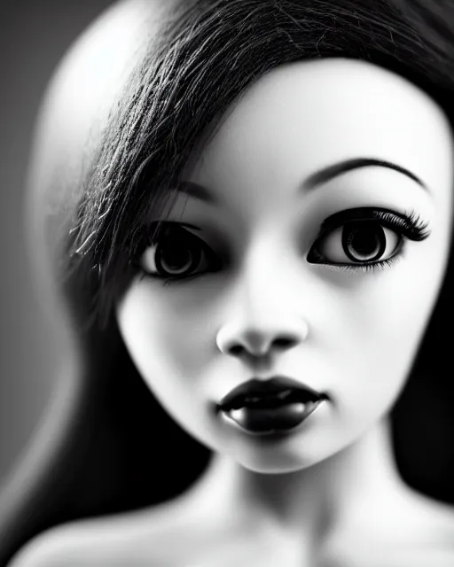 Image similar to a black and white photo of a dolly young feminine cyborg, halo, photorealistic, artistic, poetic, 8 k,