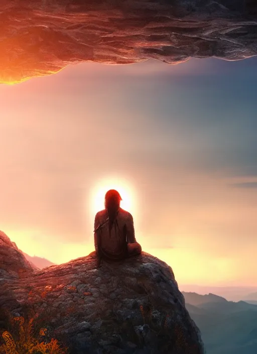 Prompt: an shaman sitting at the top of a cliff, looking down at the valley, doing a vision quest, beautiful sunset, dramatic lighting, fantasy art, smooth matte painting