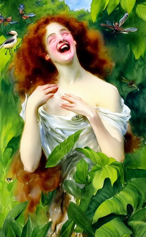 Prompt: the face of a young woman with marble complexion, angelic features, dancing curls around her face, her head raised in rapture, laughing, symmetrical eyes, watercolor by john singer sargent, background lush vegetation, insects and birds, 8 k uhd