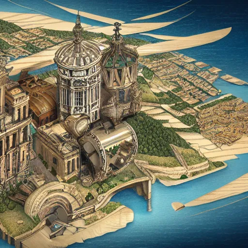 Prompt: French renaissance inspired steampunk coastal city, axonometric exploded view, high detail, 8k, photorealistic