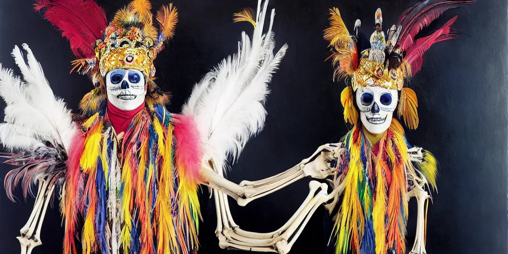 Image similar to ney matogrosso with paint on face, feathers, leather, lace, gold wings on head, tibetan skeleton dancer, painting by gottfried helnwein, leonora carrington