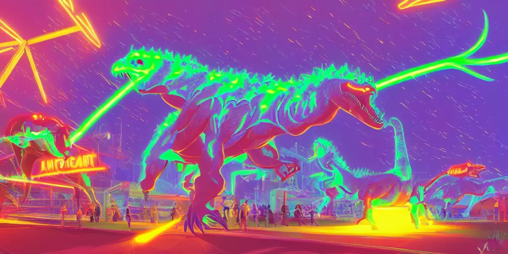 Prompt: neon laser dinosaurs at the county fair by makoto shinkai