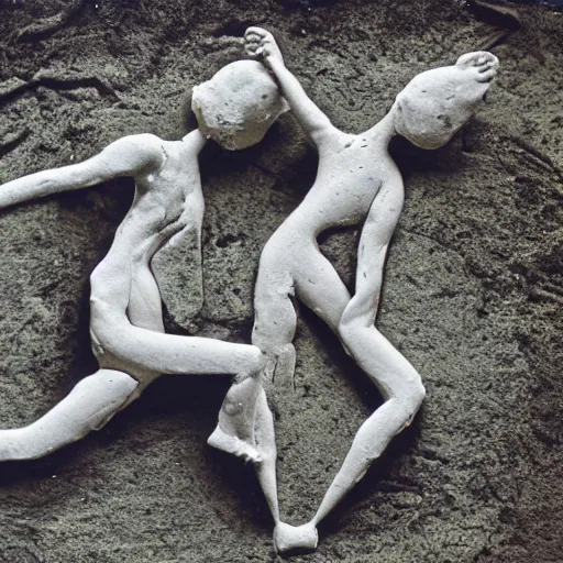 Image similar to melting dancers made of clay and mud on a tanztheater of nature, ultradetailled, ektachrome,