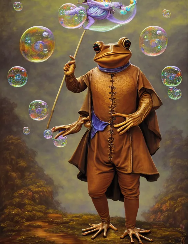 Image similar to anthropomorphic bipedal frog that is dressed as a renaissance fighter, and holding a staff, as a matte oil painting and d & d character art, by alex grey, standing, fullbody, floating bubbles, mystic, fog, fractals, spirals, concept art, award - winning, extremely detailed, sharp focus