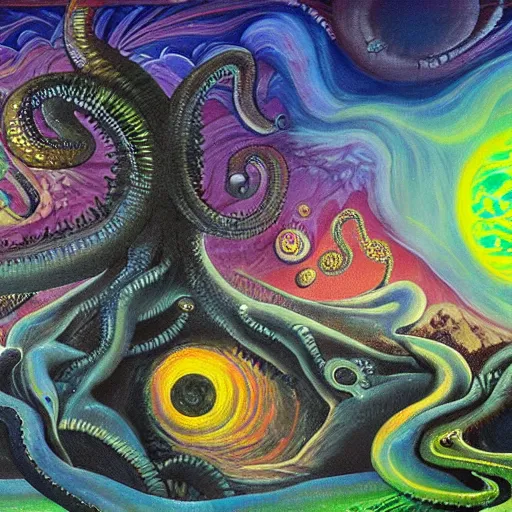 Prompt: a painting of a lovecraftian landscape in a psychedelic world