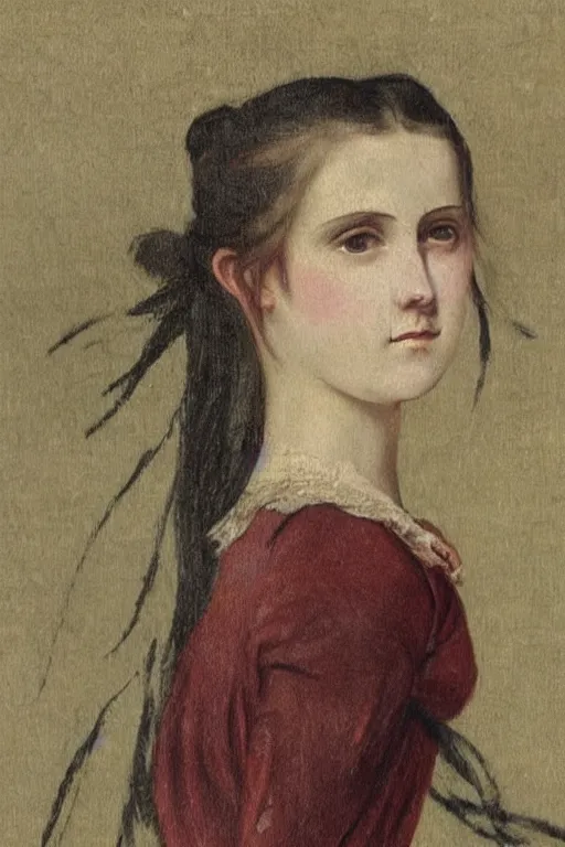 Prompt: a 19th century painting of an emo girl, 1800s romantic painting, young woman