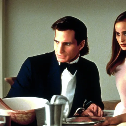 Image similar to patrick bateman on a date with natalie portman, cinematic