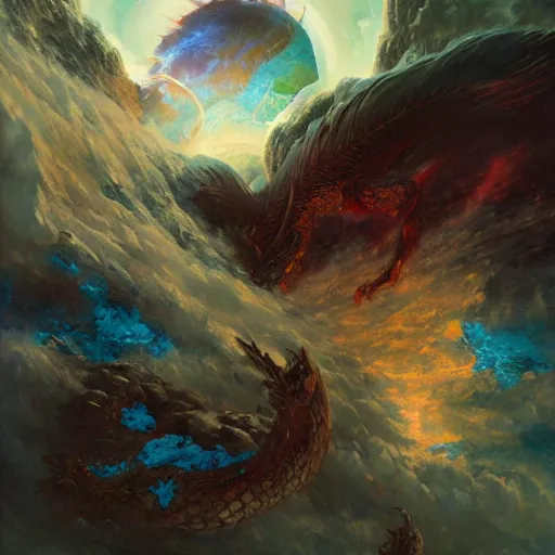 Image similar to prompt crystalline blue dragon devouring a planet, space, planets, moons, sun system, nebula, oil painting, by Fernanda Suarez and and Edgar Maxence and greg rutkowski