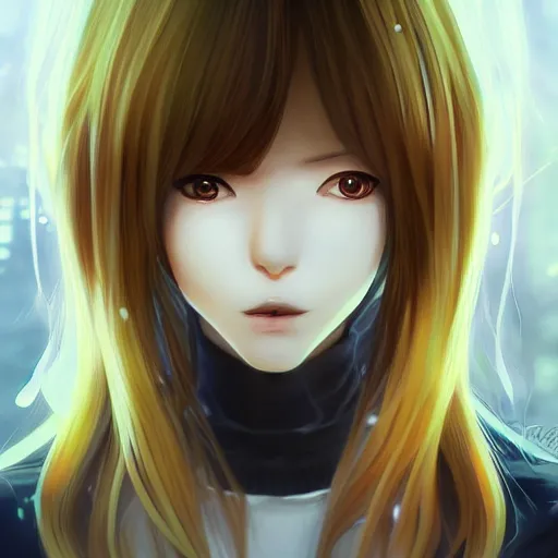 Image similar to A realistic anime painting of a beautiful android woman with glowing yellow gold eyes. digital painting by Sakimichan, Makoto Shinkai, Rossdraws, Pixivs, Junji Ito, WLOP, digital painting. trending on Pixiv. SFW version —H 1024