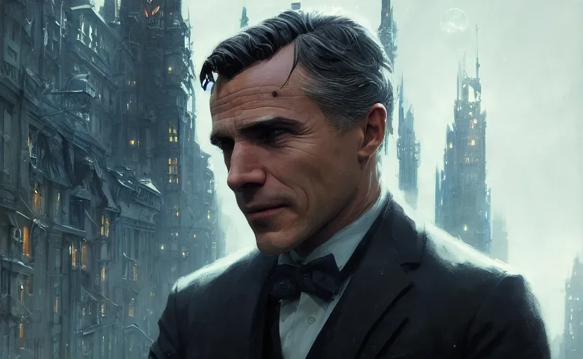 Image similar to highly detailed portrait of christoph waltz as bruce wayne, in batman comic book, stephen bliss, unreal engine, fantasy art by greg rutkowski, loish, rhads, ferdinand knab, makoto shinkai and lois van baarle, ilya kuvshinov, rossdraws, tom bagshaw, global illumination, radiant light, detailed and intricate environment