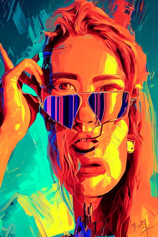 Image similar to portrait, digital painting, an beautiful, crazy hacker girl, lost in code, synthwave, glitch!!, fractured reality, mirrors, realistic, hyperdetailed, golden hour, concept art, art by syd mead