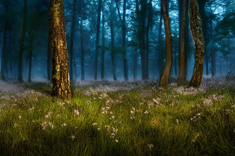 Prompt: meadow of luminous mushrooms Neonothopanus gardneri in the forest, mysterious fog, wee hours, photo realism, Sony a7R