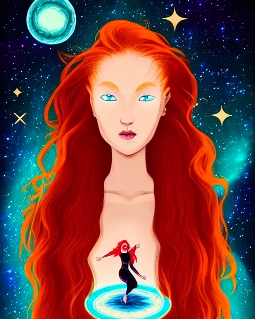 Prompt: tarot card of space astral girl, red hair, ginger hair, fantasy, glowing skin, smooth face, perfect eyes