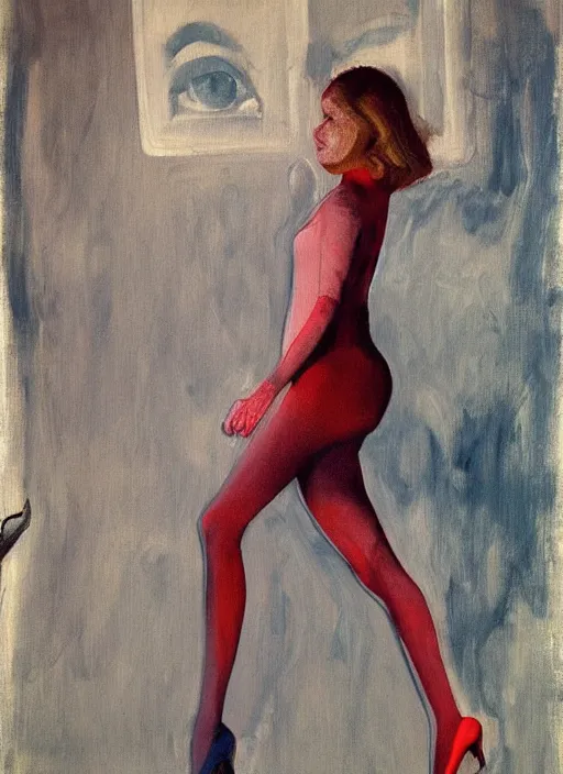 Prompt: a painting of annasophia robb standing on her knees, frozen cold stare, blood red background, transparent gray skirts, stockings, crows swarming trapped in the void as a symbol of death, in style of Edward Hopper, surrealism of Francis Bacon painting, Ilya Kuvshinov, John Singer Sargant, impasto textures of Chaim Soutine and Frank Auerbach, American Gothic, Japanese Gothic,