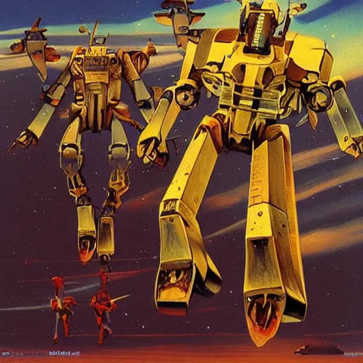 Prompt: humanoid combat mecha by chris foss, rodger dean, moebius, michael whelan