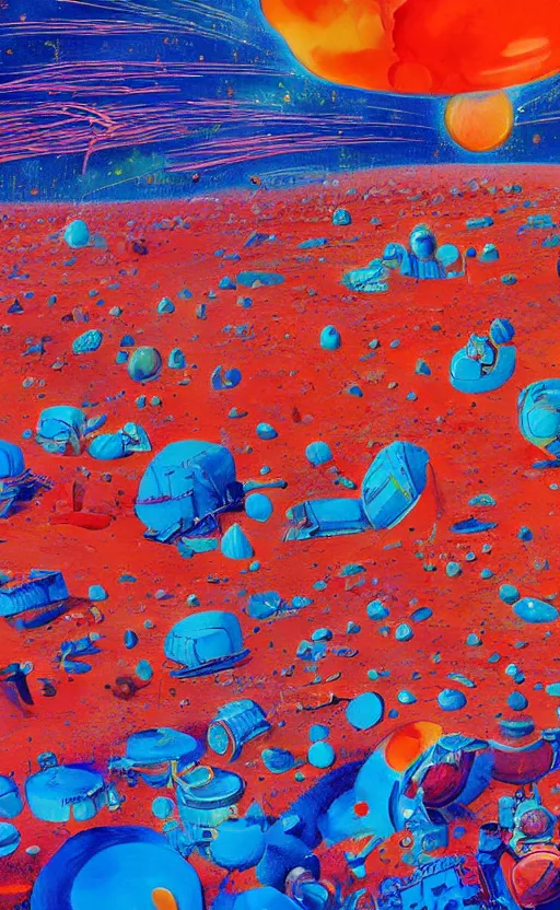 Image similar to a surreal painting of a flamboyant party on the surface of mars