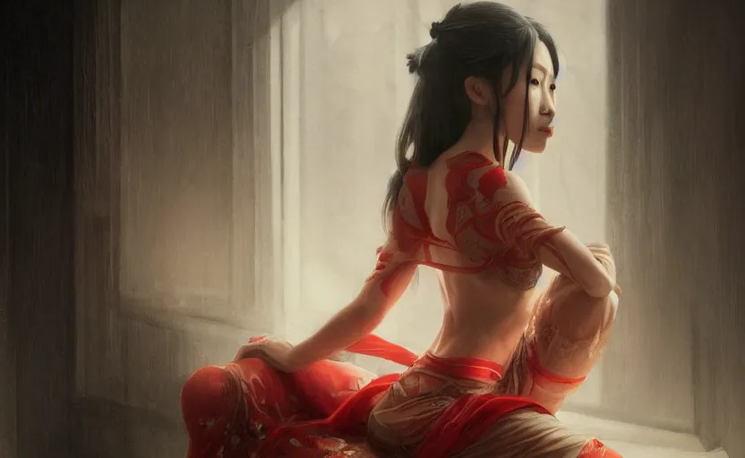 Prompt: beautiful asian woman sitting, soft grey and red natural light, intricate, digital painting, artstation, concept art, smooth, sharp focus, illustration, art by greg rutkowski and luis rollo and uang guangjian and gil elvgren, symmetry!