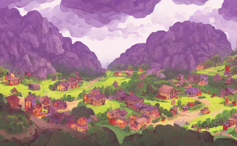 Image similar to a small village in a valley, villagers busy farming, a dragon approaching from a distance, storybook, gouache, flat, concept art, pixel art