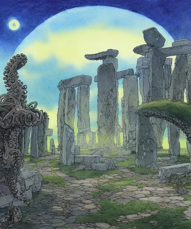 Image similar to a hyperrealist studio ghibli watercolor fantasy concept art. in the foreground is a giant grey octopus building and putting stones in to place on top of stonehenge with shooting stars all over the sky in the background. by rebecca guay, michael kaluta, charles vess