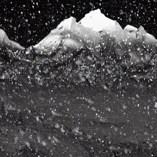 Image similar to a artic landscape with a large, satanic temple on it. mountains that are snow capped are in the background. there is a group of black hooded cultists at the top of the satanic temple. overcast sky, snowing, grainy.