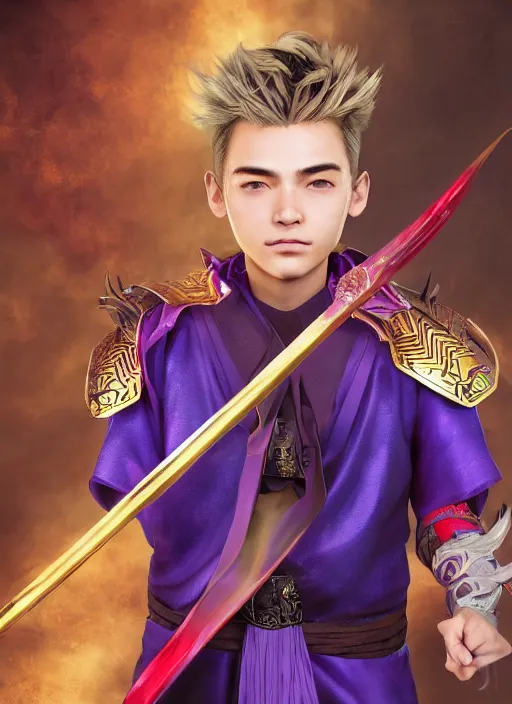 Image similar to An epic fantasy comic book style portrait painting of teenager boy with straight indigo hair, purple eyes with red eye markers, slim body, wearing a detailed Japanese kimono with golden armor pieces, holding a japanese fan. Unreal 5, DAZ, hyperrealistic, octane render, cosplay, RPG portrait, dynamic lighting