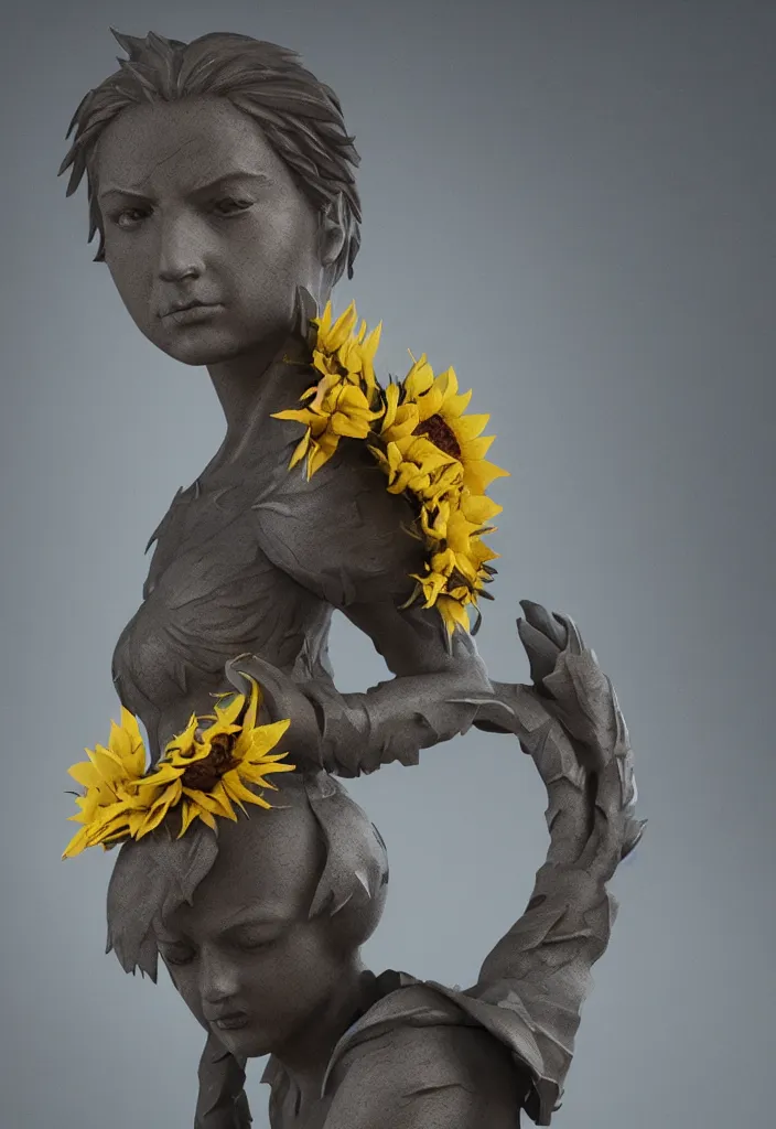 Image similar to a small hybrid sunflower statue by greg rutkowski, sung choi, mitchell mohrhauser, maciej kuciara, johnson ting, maxim verehin, peter konig, 8 k photorealistic, cinematic lighting, hd, high details, dramatic, atmosphereric, trending on artstation