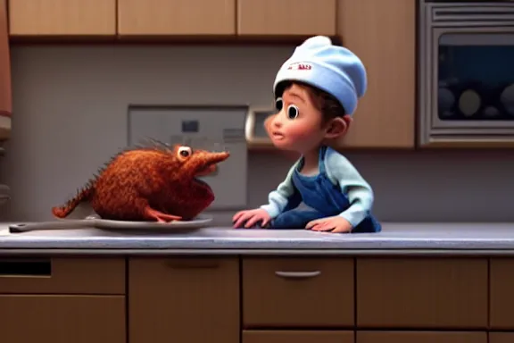 Image similar to “ very very high quality pixar movie screenshot of a tiny human on top of a gigantic rat cooking in the kitchen, rendered in octane 8 k with detailed cinematic lighting and shading, award - winning crisp details ”