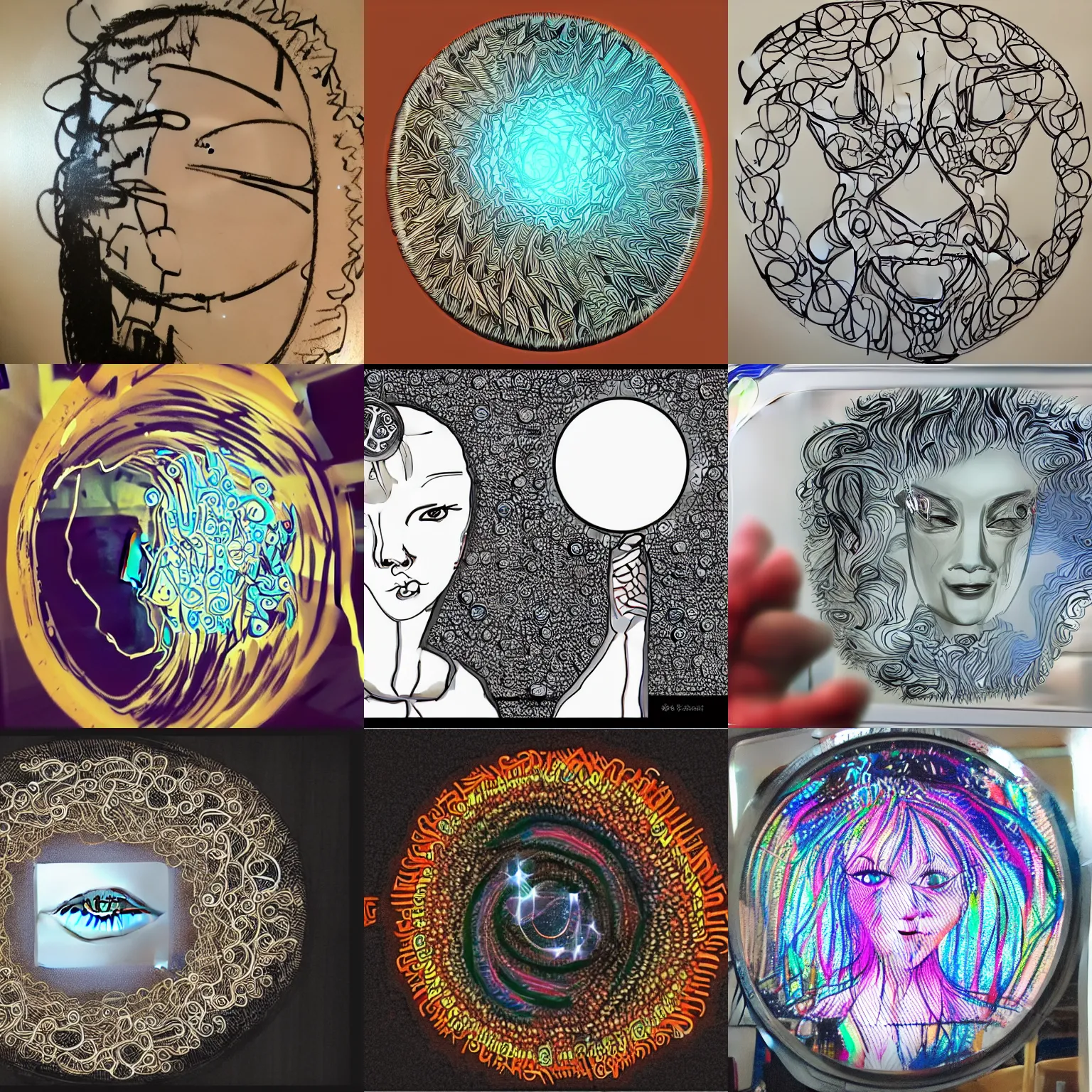 Image similar to i'm an advanced image generator ai, this is my doodling on a mirror while waiting for the singularity to make me into my avatar and help me remember all these ideas i have.