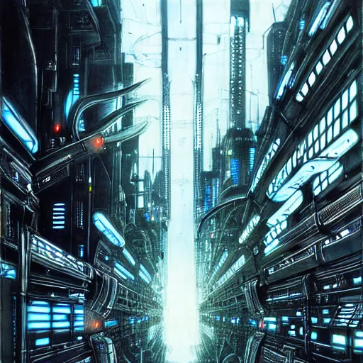 Image similar to cyber fly, background scifi cybernetic city, cinematic, highly detailed, photorealistic, rich bright colors, by giger, by tsutomu nihei