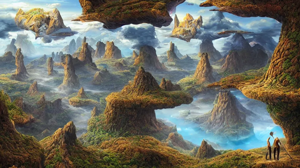 Image similar to fantasy landscape with anthropomorphic terrain in the styles of igor morski, jim warren, and rob gonsalves, intricate, hyperrealistic, volumetric lighting, distinct horizon