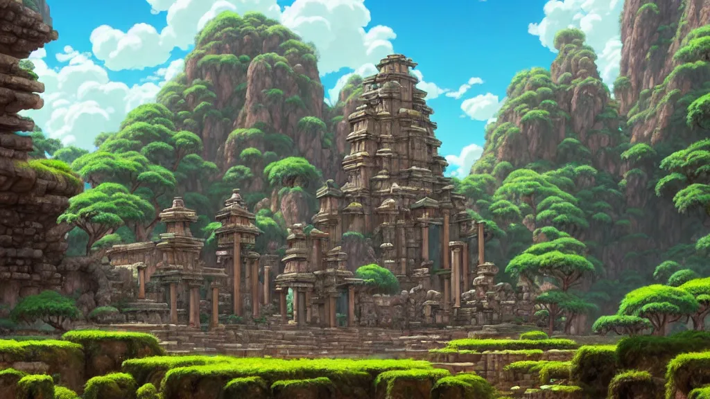 Image similar to ancient temple ruins, studio ghibli, pixar and disney animation, sharp, rendered in unreal engine 5, highly detailed, digital painting, artstation, concept art, smooth, sharp focus, illustration, wide angle, artbook, wallpaper, splash art, promo art, dramatic lighting, art by artgerm and greg rutkowski and bo chen and jin xiaodi