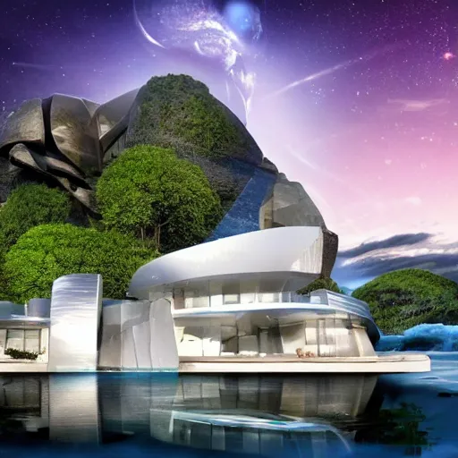 Image similar to a futuristic modern house, on a floating rock island, alien planet covered in water, multiple waterfalls, multiple moons glowing, stars, frank gehry