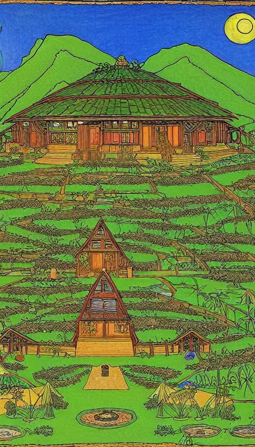 Image similar to ecovillage monastery on hawaii, solarpunk, permaculture, by ivan bilibin,