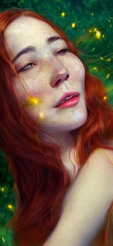 Prompt: young woman, smiling, amazed by golden fireflies lights, sitting in the midst of nature fully covered, long loose red hair, intricate linework, green eyes, small nose with freckles, oval shape face, realistic, expressive emotions, dramatic lights, spiritual scene, hyper realistic ultrafine art by cecco del caravaggio and albert bierstadt and artgerm