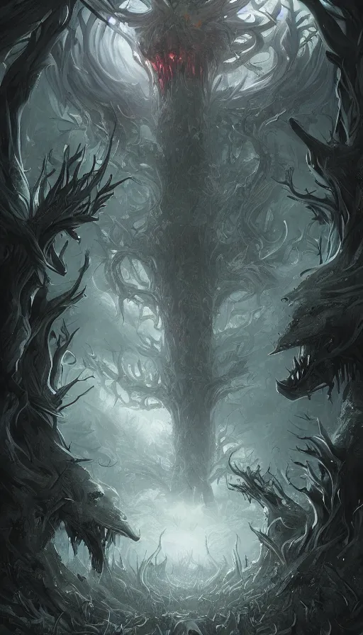 Image similar to a storm vortex made of many demonic eyes and teeth over a forest, by ross tran