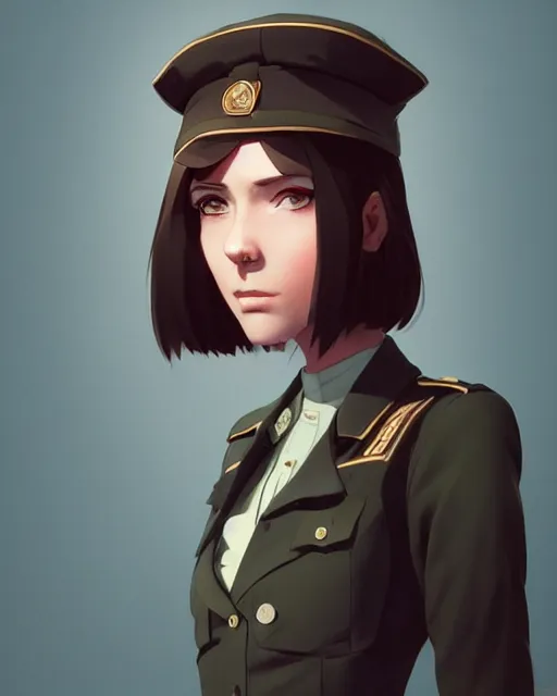 Image similar to young woman with shoulder length light brown hair and hazel eyes dressed in a sharp dark teal military uniform and beret, anime, ilya kuvshinov, greg rutkowski, guweiz, ross tran, loish, svetlana tigai, artgerm, artstation trending, concept art, digital painting