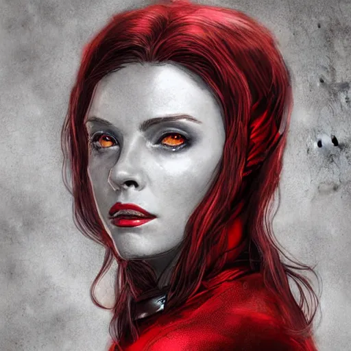 Image similar to A portrait of elizabeth in scarlet witch costume, cinematic, digital art, amazing detail