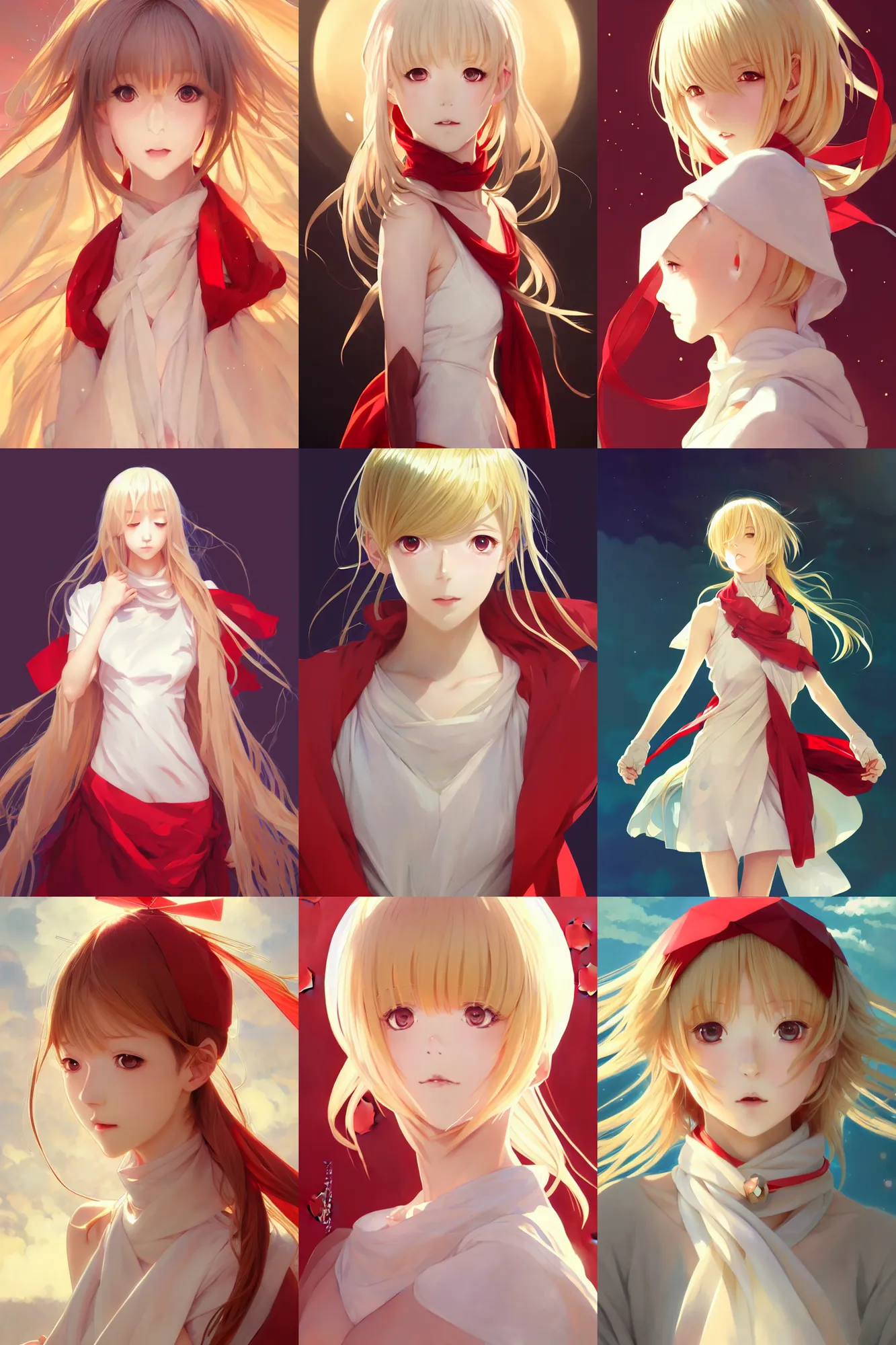 Prompt: anime girl of the future, light gold hair, splendid white 20th century dress, red scarf, triangles, hexagons, body portrait, slight smile, windy, highly detailed, digital painting, artstation, concept art, sharp focus, illustration, art by WLOP and greg rutkowski and alphonse mucha and artgerm and yanjun chen
