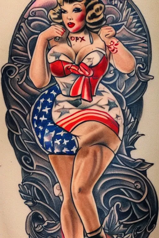 Image similar to traditional American tattoo of a pinup girl, pinup model, WWII style, tattoo by David Corden