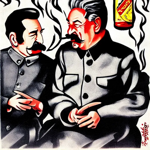 Prompt: stalin and yeltsin in hell drink vodka and smoke cigarettes, scary art in color