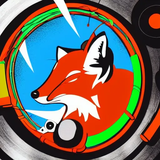 Prompt: svg sticker of a Dancing-Fox, at a rave, spinning records, giant headphones rocking out, wearing headphones, huge speakers, dancing, rave, DJ, spinning records, digital art, amazing composition, rule-of-thirds, award-winning, trending on artstation, featured on deviantart