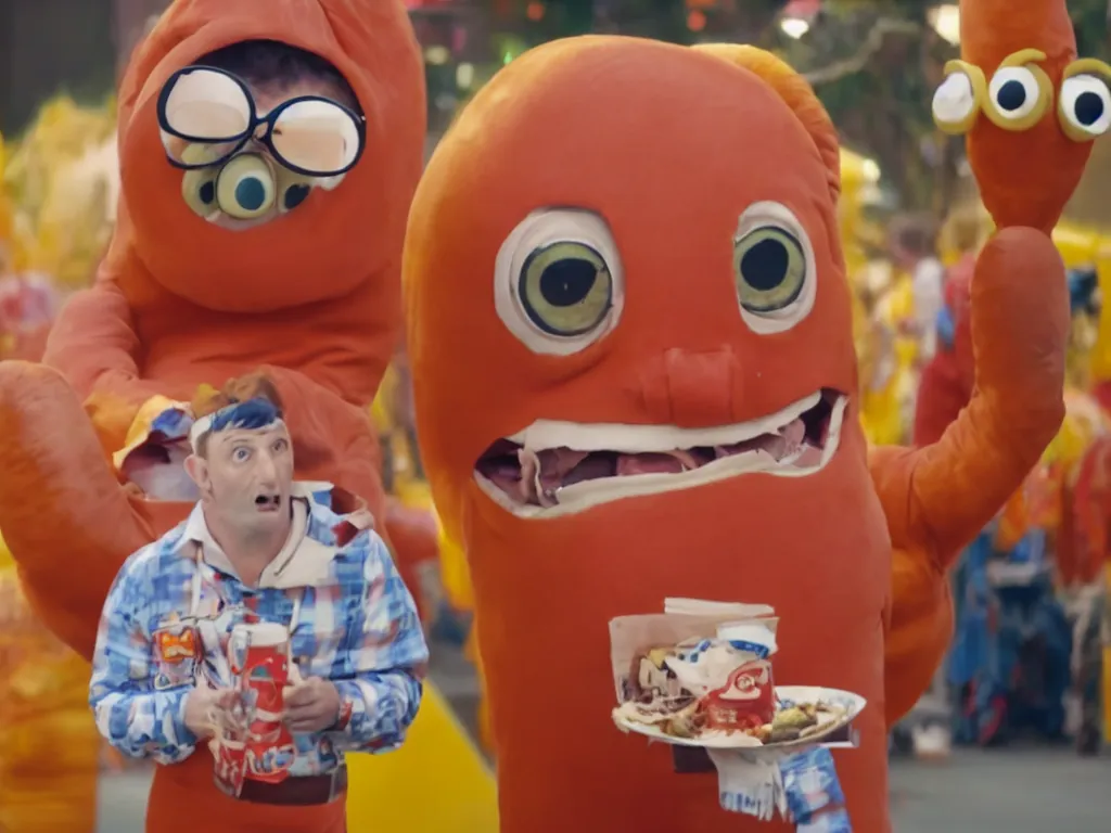 Prompt: Tim Robinson in a hot dog suit looking concerned, cinematic, film still, 8K High Definition