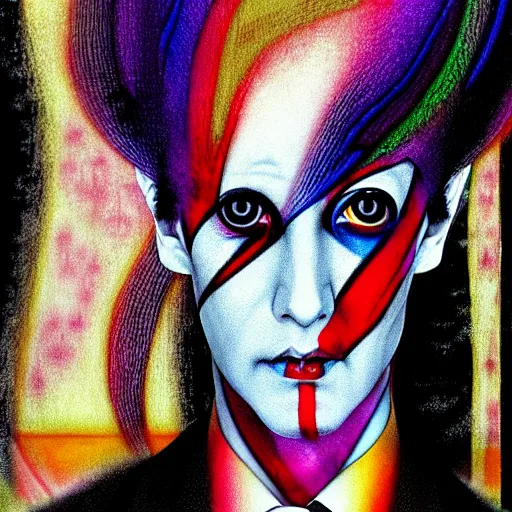 Image similar to yoshitaka amano blurred and dreamy realistic three quarter angle portrait of a aladdin sane with black lipstick and black eyes wearing dress suit with tie, junji ito abstract patterns in the background, satoshi kon anime, noisy film grain effect, highly detailed, renaissance oil painting, weird portrait angle, blurred lost edges