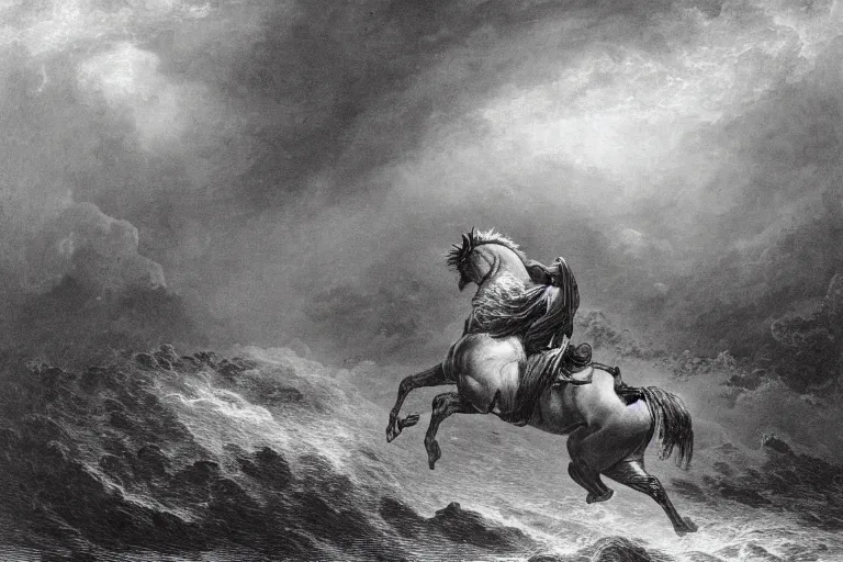 Prompt: A huge horse rides through epic Hurricane, Gustave Dore lithography