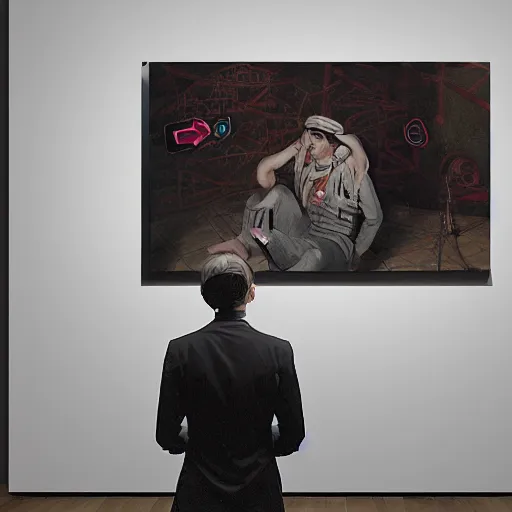 Image similar to art curator looking bored at paintings of a screen with a chat interface, in the style of grand chamaco and stanley kubrick, inspired by die antwoord, photorealistic, epic, super technical, cinematic still