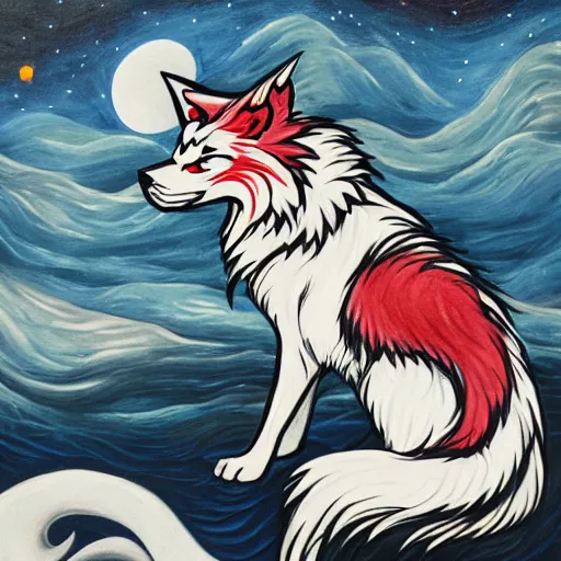 Image similar to okami white wolf with red tattoos resting under a sky full of stars by a deep river, calm, acrylic on canvas, okami, cel shaded, painting, trending on artstation