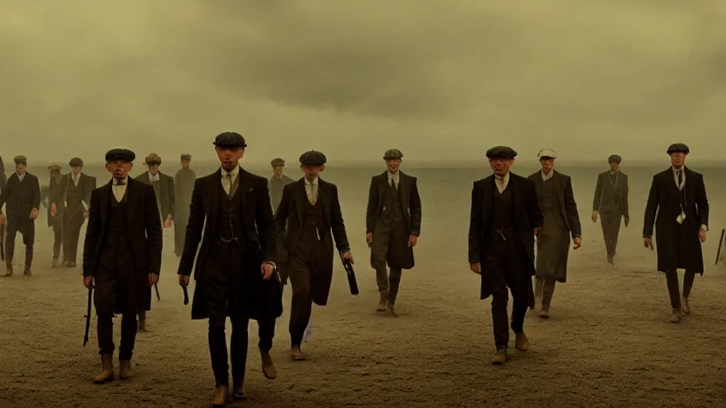 Image similar to the Peaky Blinders crew coming out of the ocean, film still from the movie directed by Denis Villeneuve with art direction by Zdzisław Beksiński, wide lens