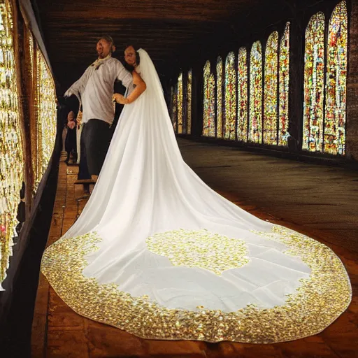 Image similar to a long wedding dress with a train made of flower petals made of light - colored fabric. transparent in places. in places, patterns of precious stones. intricate patterns of gold thin threads. fantasy. clear details