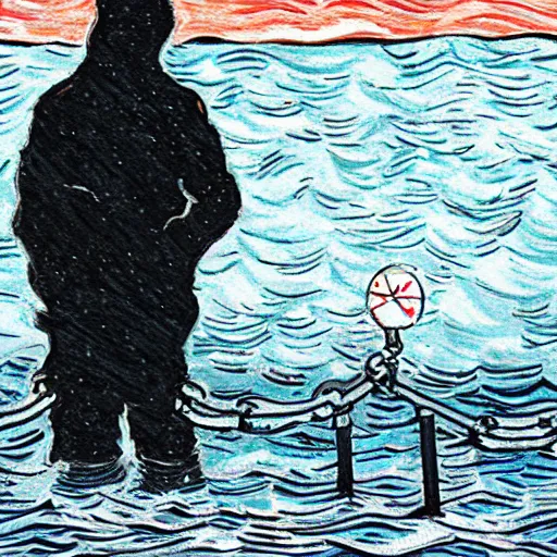 Image similar to guy with black hoodie is chained to a stop traffic sign pole under water. under the sea. trying to get free. van gogh style